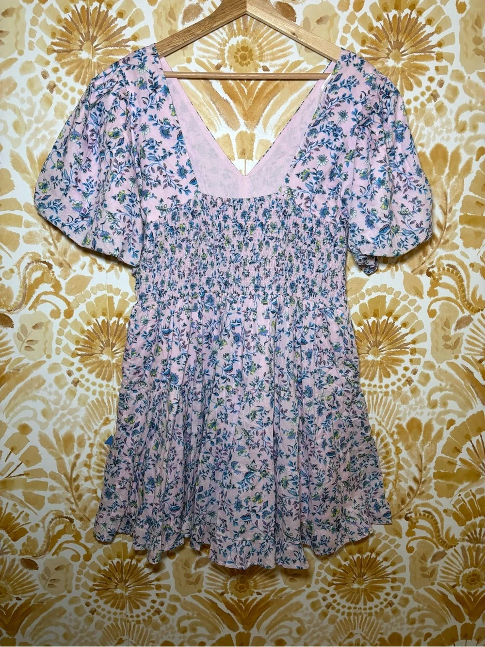 Pink Floral Cottagecore Mini Dress | Boho Puff Sleeve Tiered Babydoll Dress